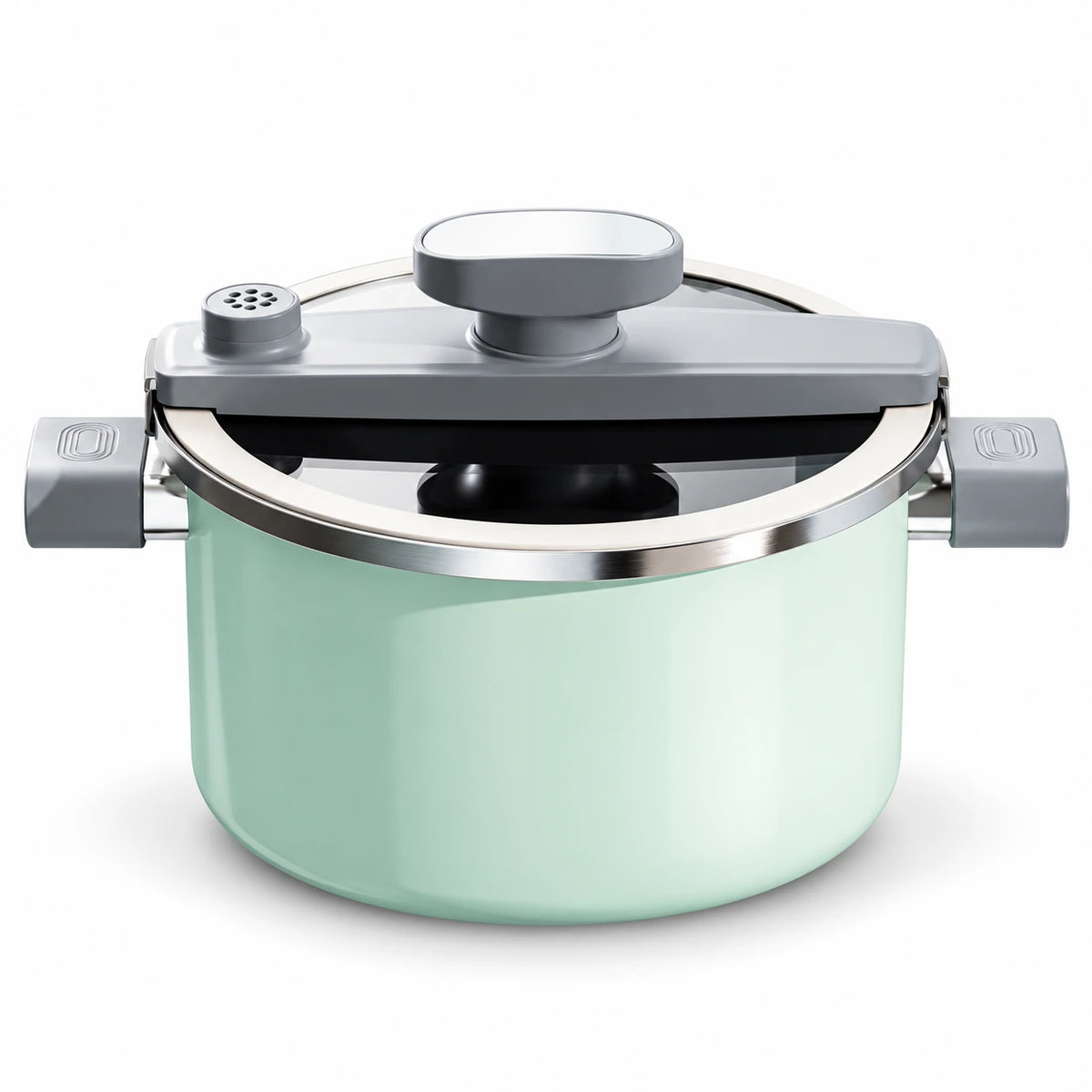 Mint Green enamel micro pressure cooker with gray twist-lock lid and side handles