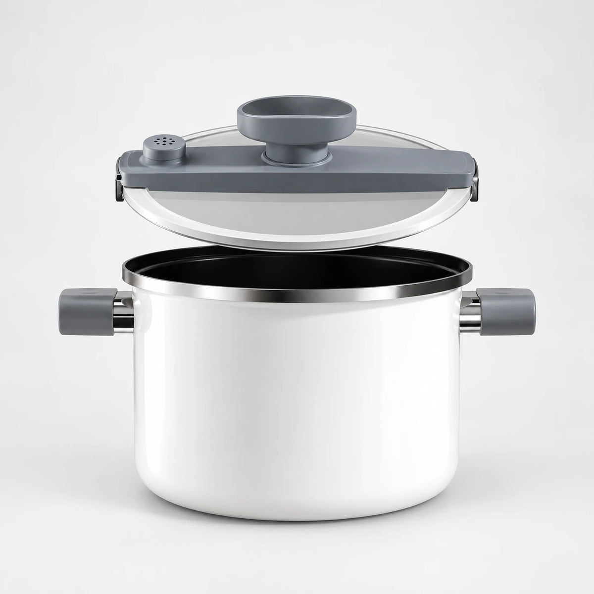 Pearl White pot with matching glass locking lid separated above the open rim