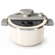 Pearl White enamel micro pressure cooker with gray twist-lock lid and side handles