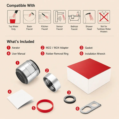 Compatible faucet types and included touch control aerator installation parts