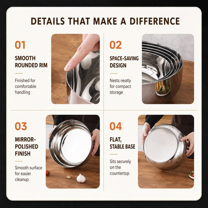 Rounded rim, nesting design, polished finish and flat base details