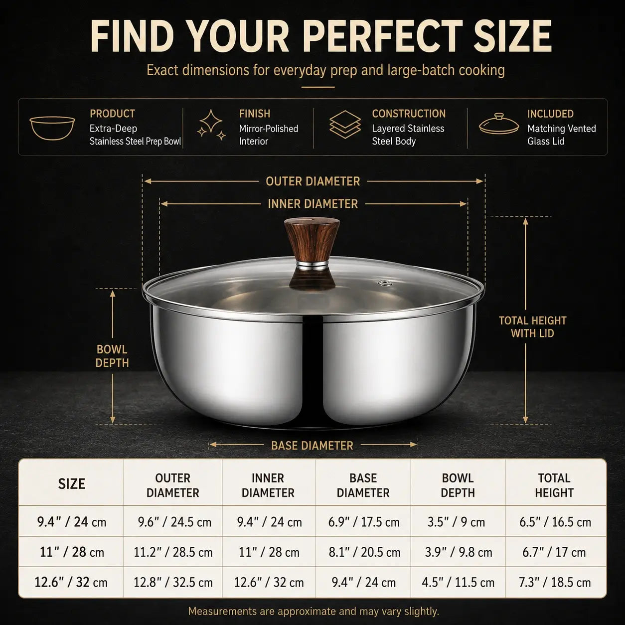 Grand Prep Bowl dimensions for 24, 28 and 32 centimeter sizes