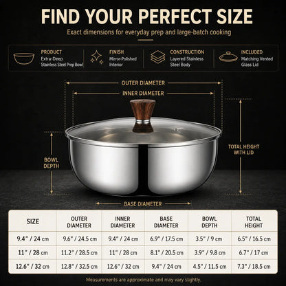 Grand Prep Bowl dimensions for 24, 28 and 32 centimeter sizes