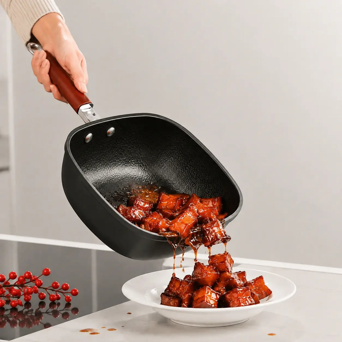 Food being served from the deep-sided pan