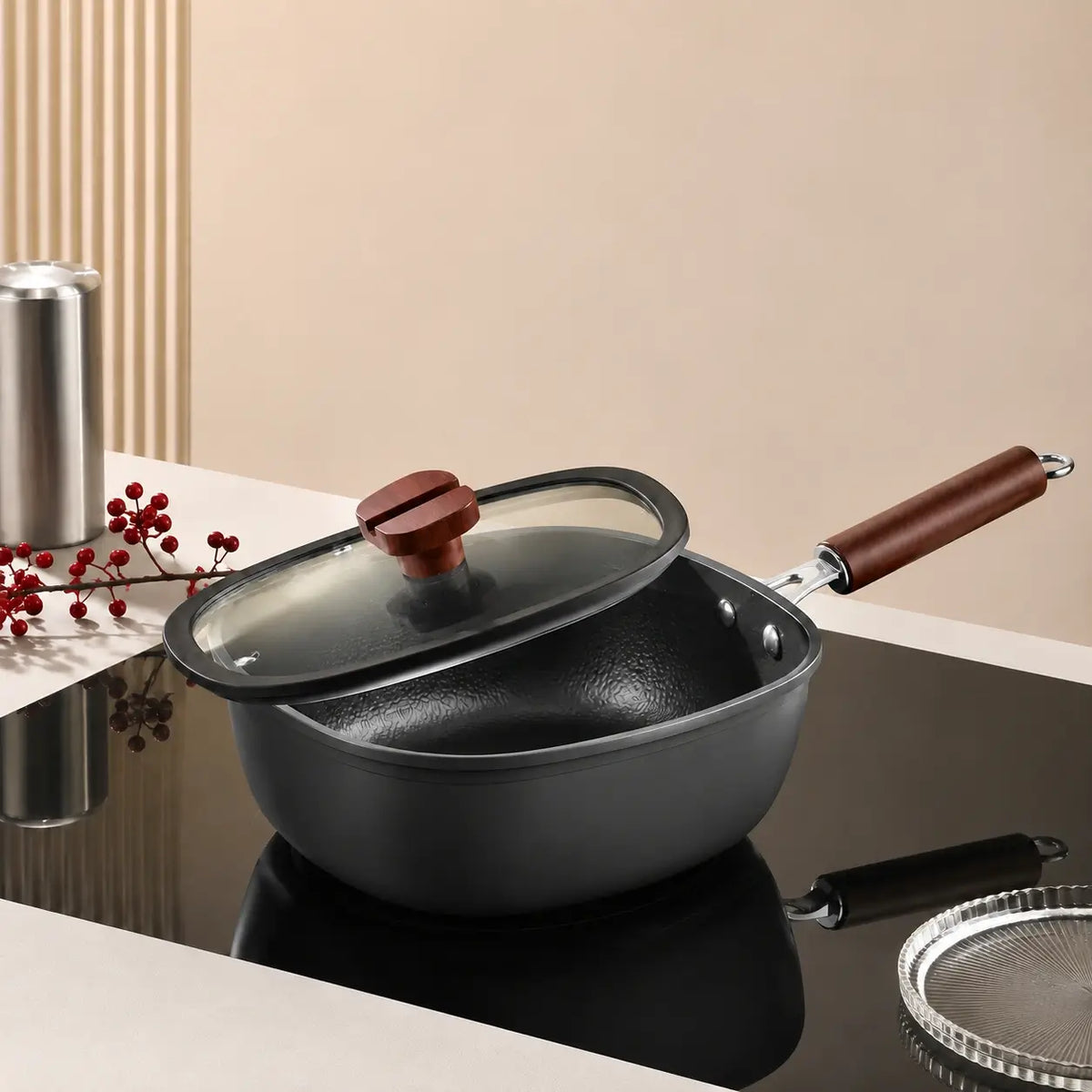 Hero — hammered titanium iron pan and fitted glass lid