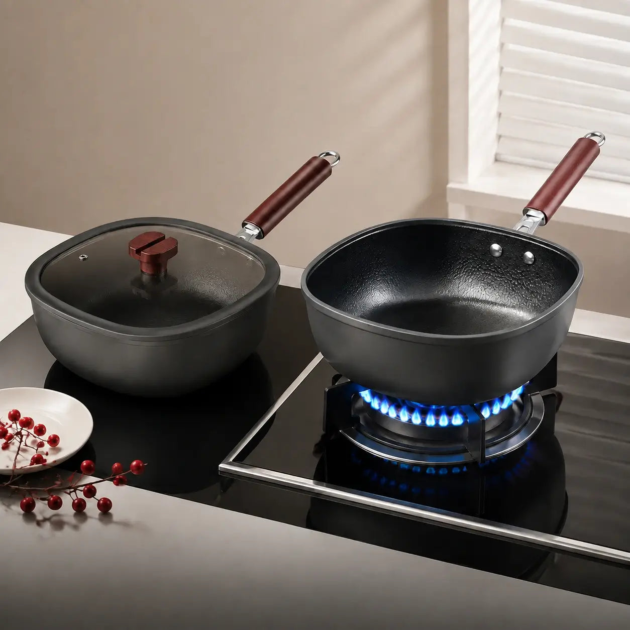Hammered pan and glass lid on a flat induction cooktop