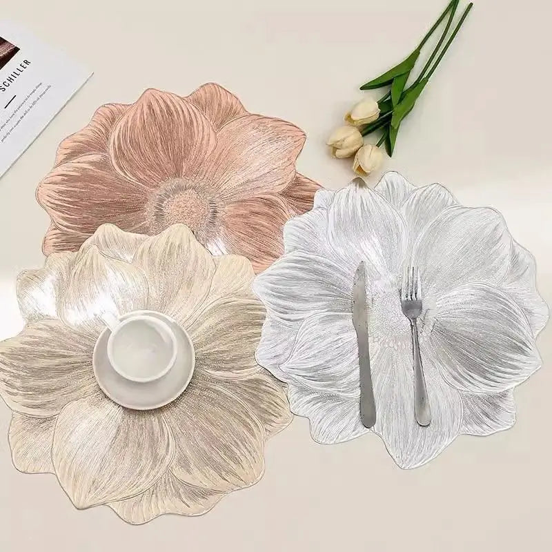 Three lotus flower placemat finishes: Gold, Silver and Pinkish Gold