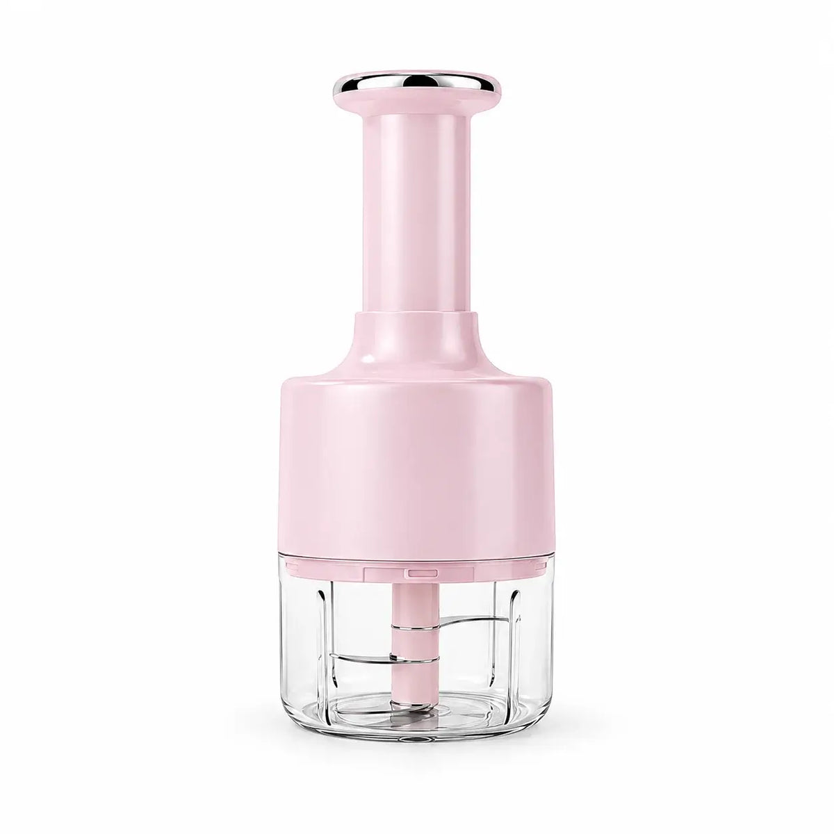 Pink manual garlic chopper with clear chopping cup and press handle