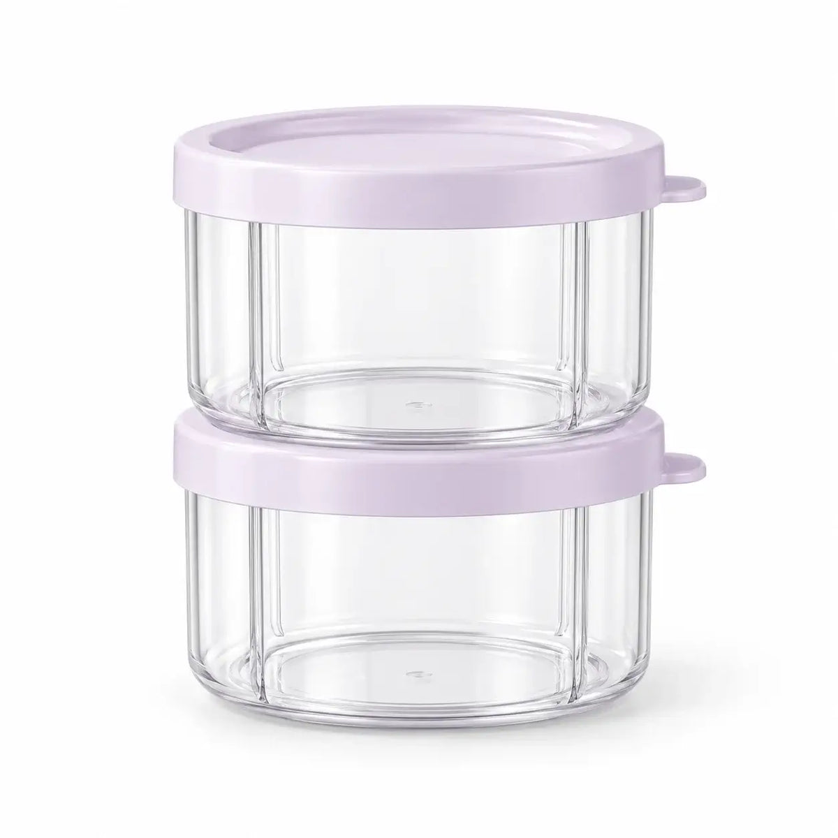 Two clear storage cups with pastel pink lids, shown without a chopper