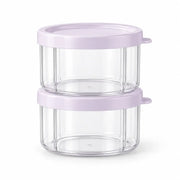 Two clear storage cups with pastel pink lids, shown without a chopper