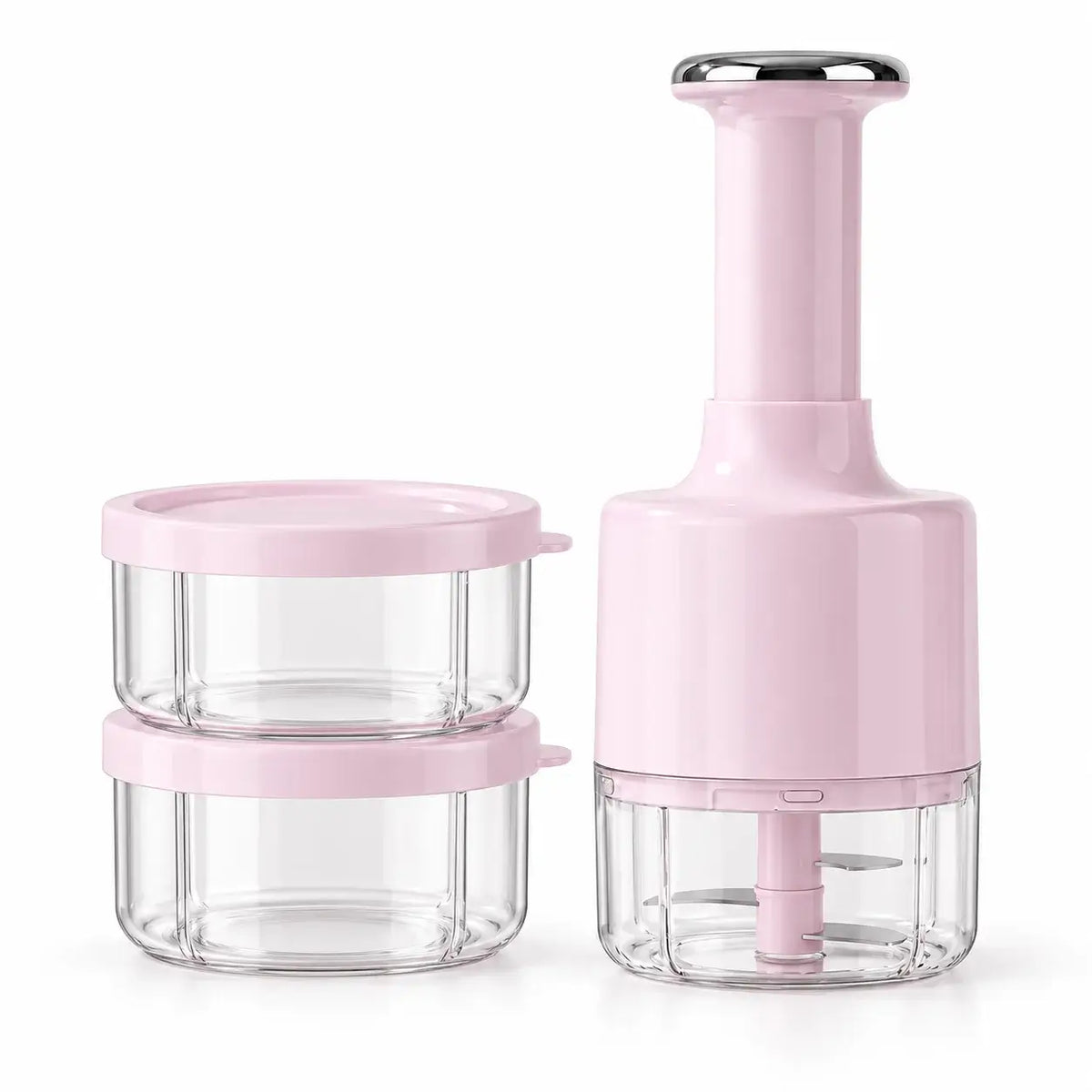 Pink manual press garlic chopper with two matching lidded storage cups