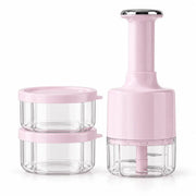 Pink manual press garlic chopper with two matching lidded storage cups