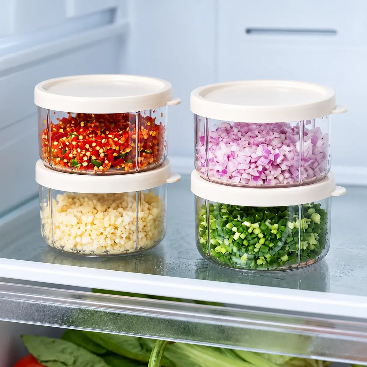 Lidded cups of chopped garlic, chili, onion and herbs in a refrigerator