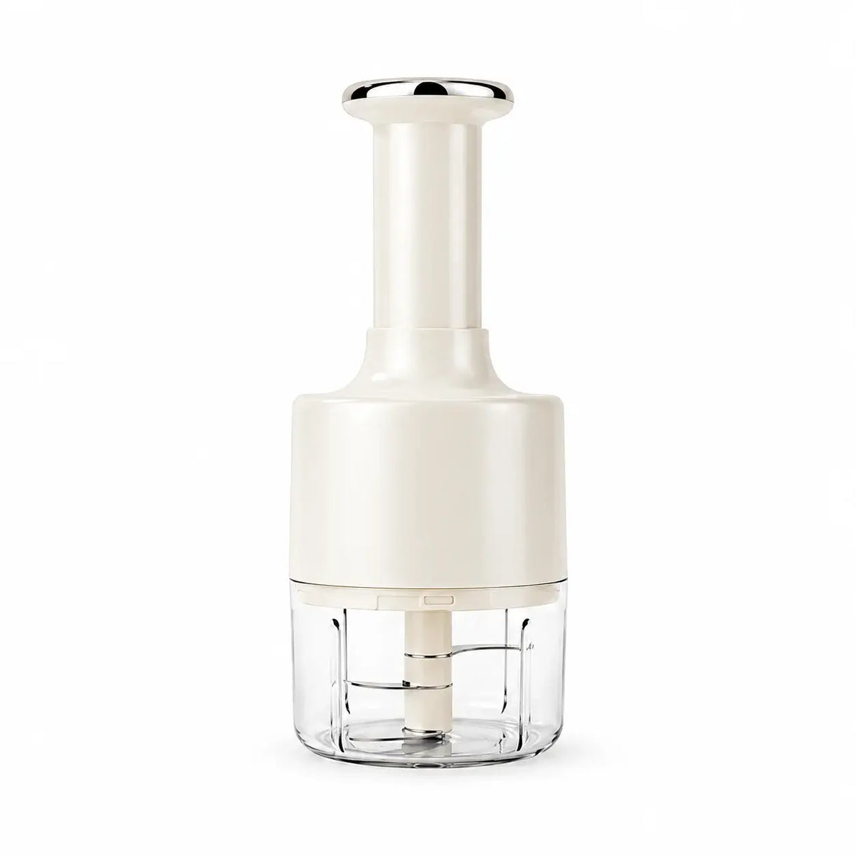White manual garlic chopper with clear chopping cup and press handle