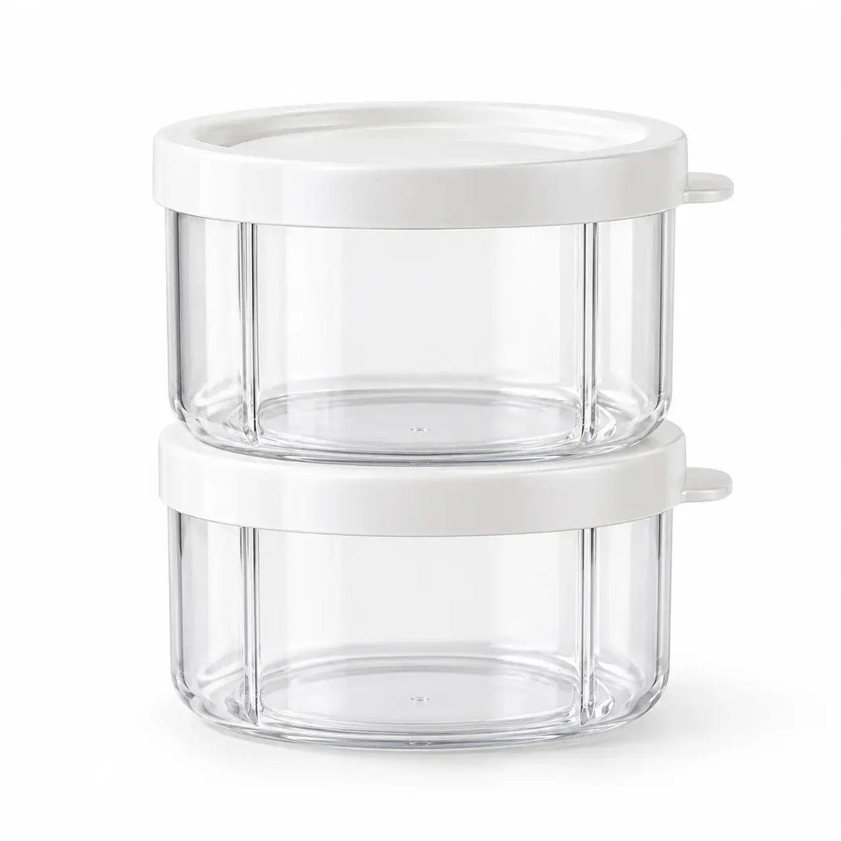 Two clear storage cups with white lids, shown without a chopper