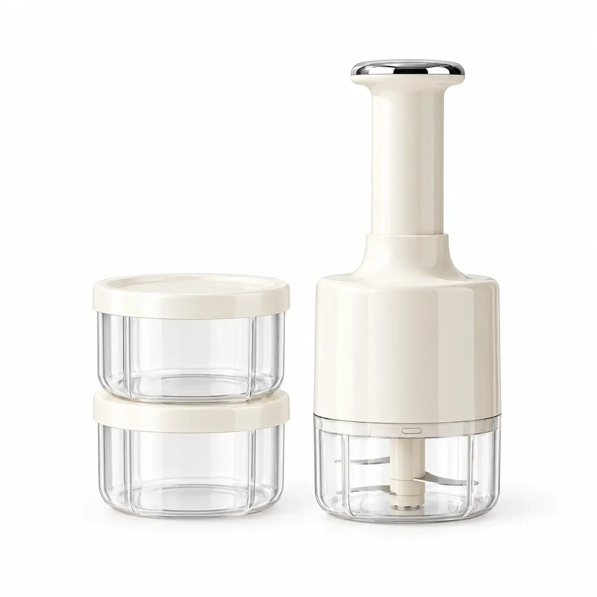 White manual press garlic chopper with two matching lidded storage cups