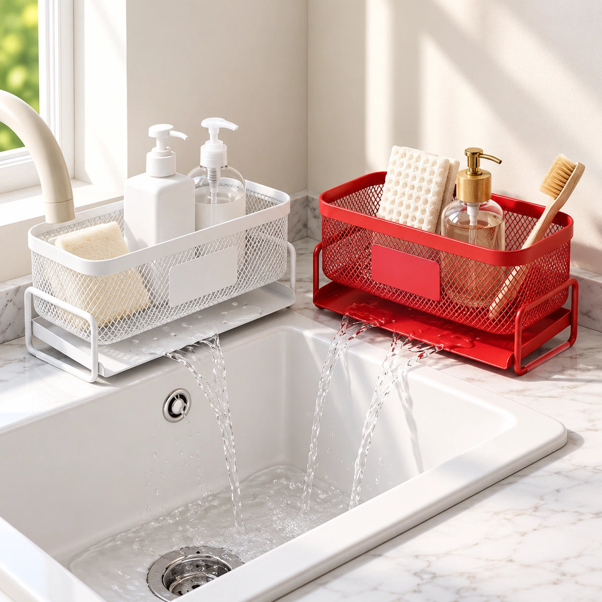 Lower trays managing runoff beside the sink