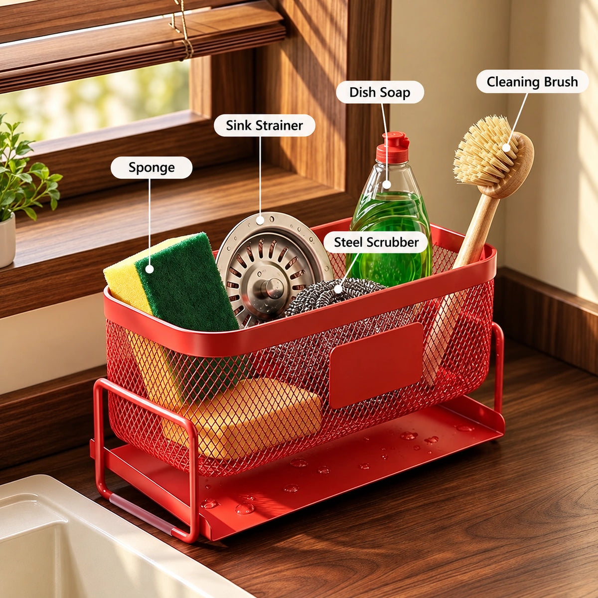 Storage positions for a sponge, strainer, scrubber, soap and brush
