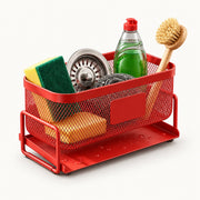 Red mesh organizer holding a sponge, brush, soap, scrubber and sink strainer