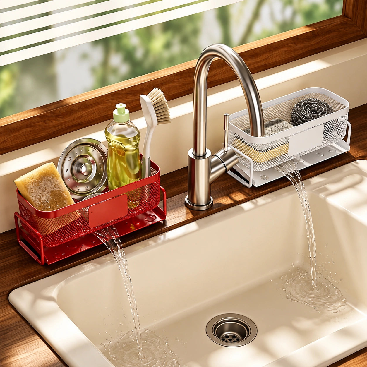 Red and white organizers beside a sunlit kitchen sink