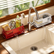 Red and white organizers beside a sunlit kitchen sink