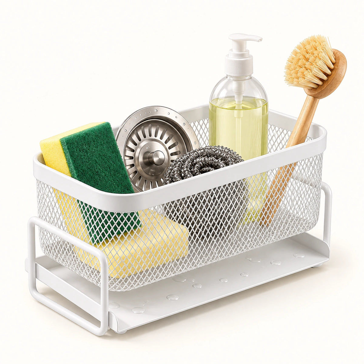 White mesh organizer with everyday cleaning essentials