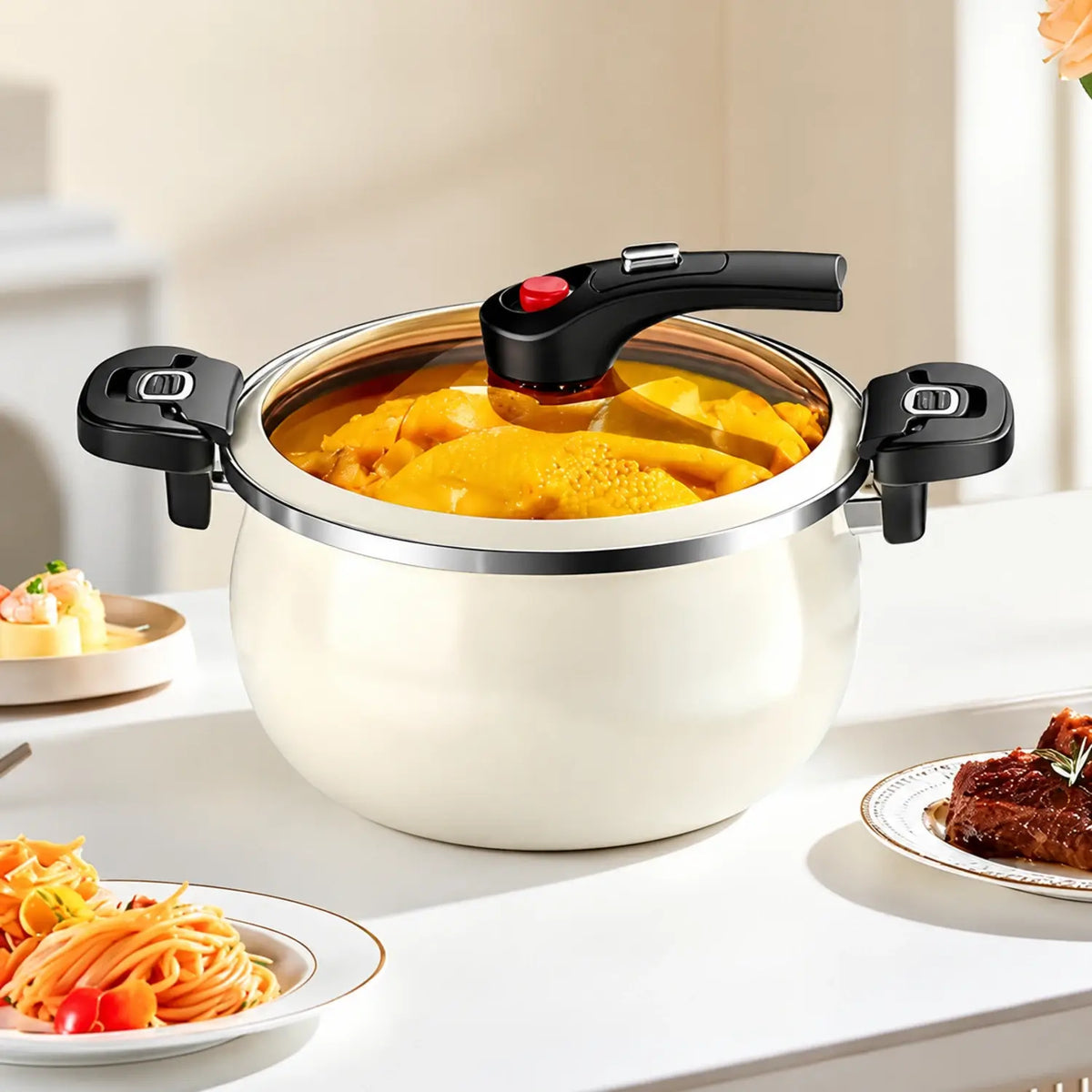 White pot filled with soup