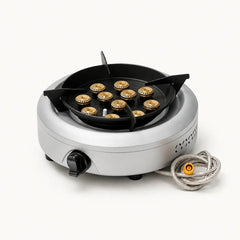 Silver multi-flame camping stove with remote fuel hose