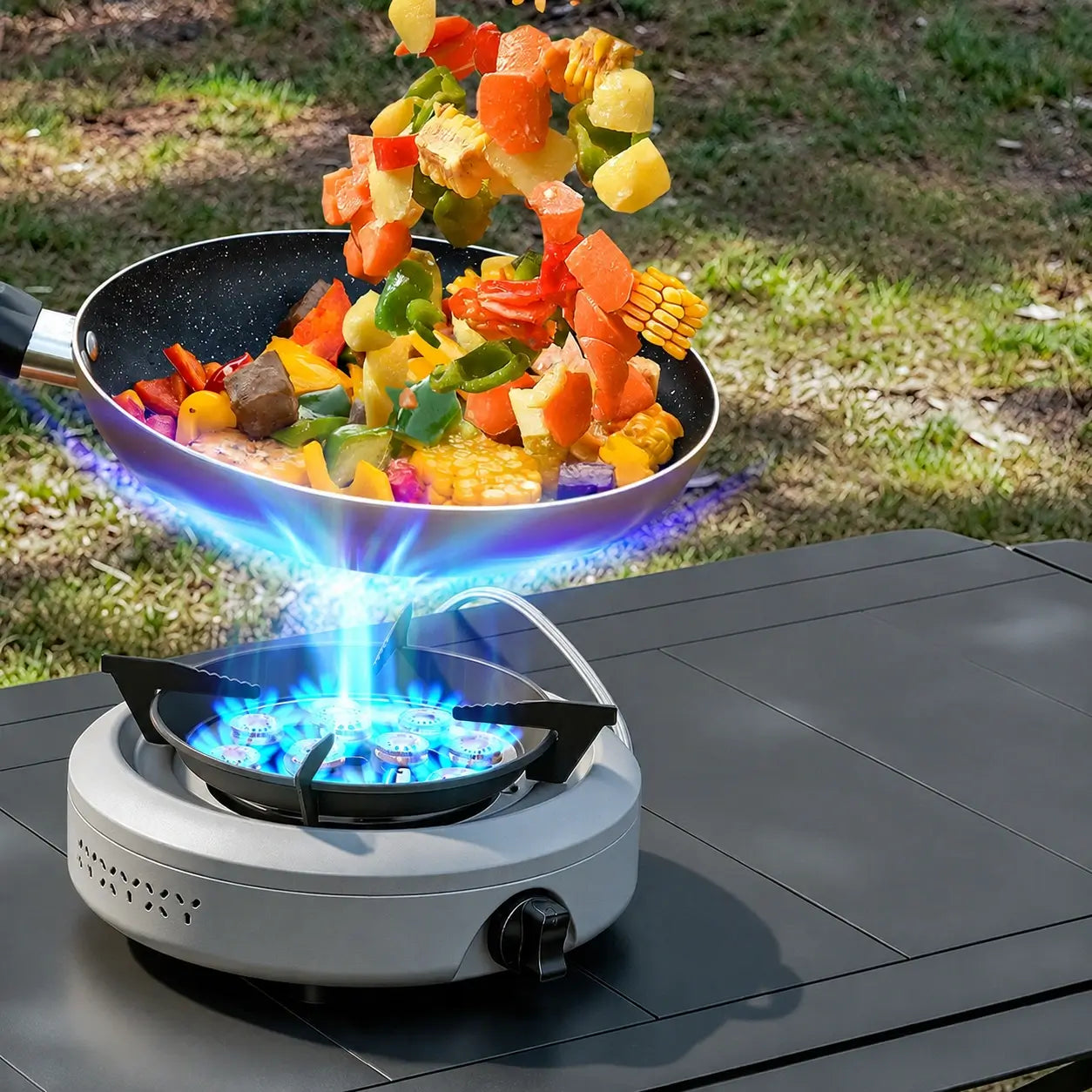 Outdoor stir-fry cooking on the silver camping stove