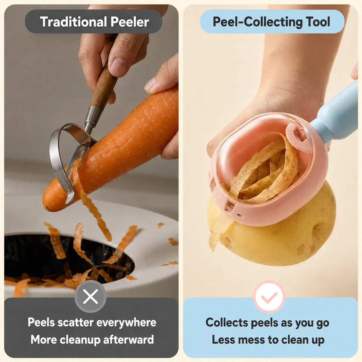 Traditional peeler mess compared with PeelCatch collecting peels