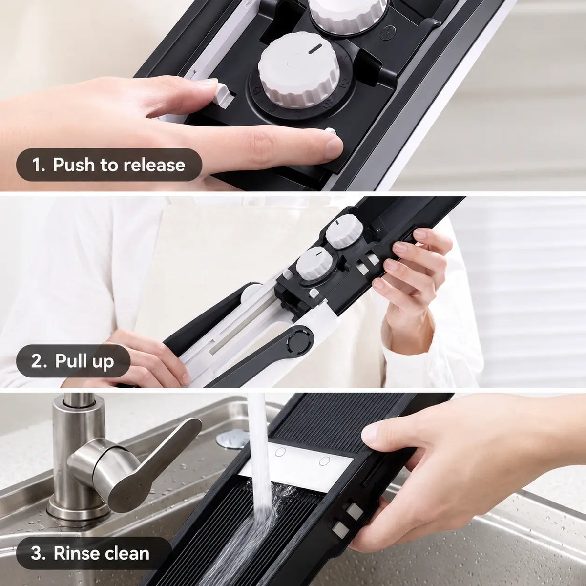 Detachable slicer components being released, lifted and rinsed