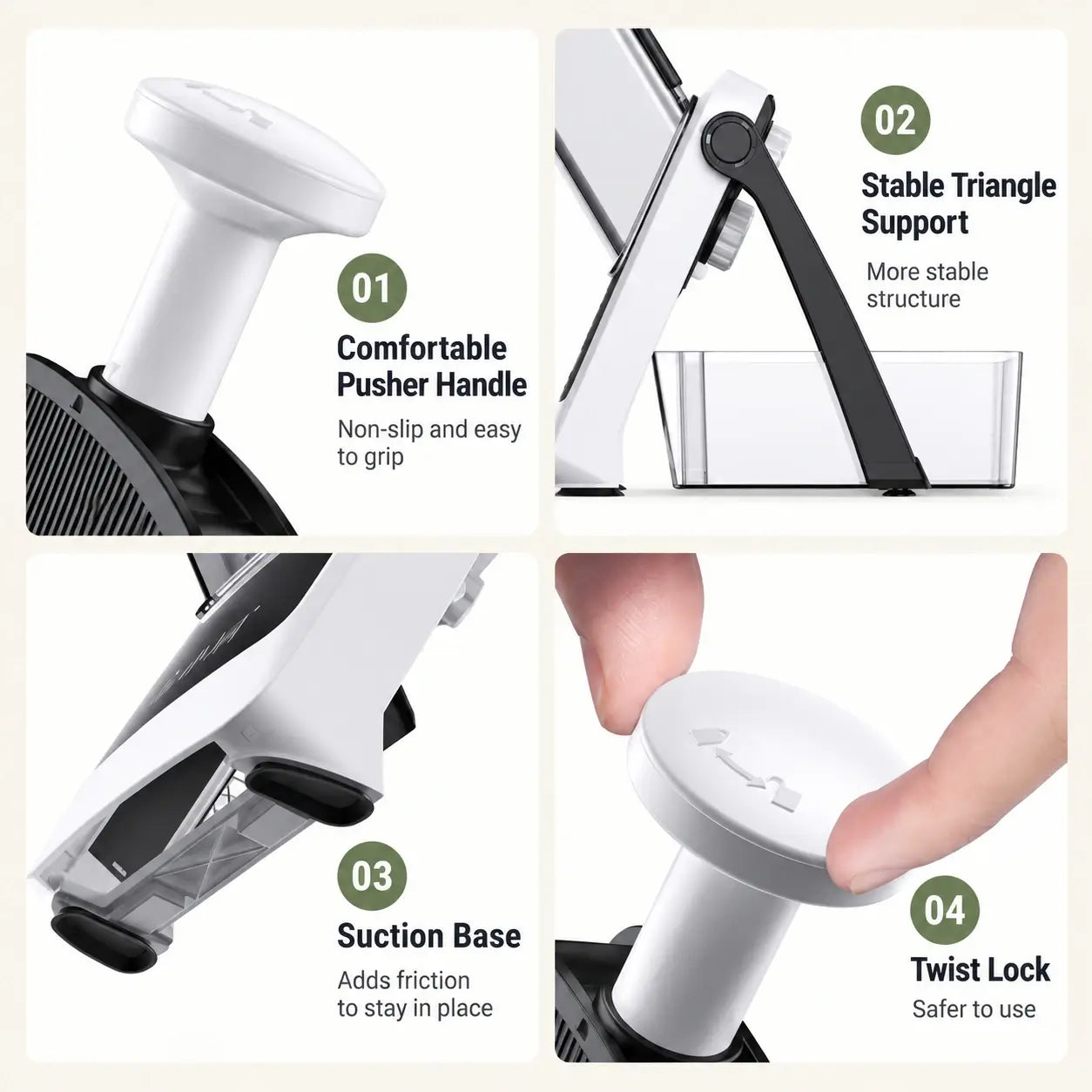 Food pusher, triangular support, suction feet and locking press handle