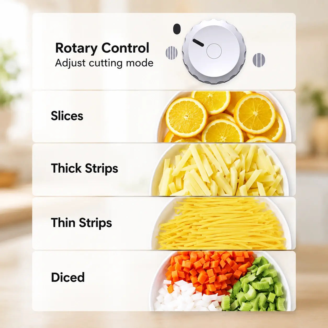 Upper adjustment dial and examples of slices, thick strips, thin strips and diced vegetables