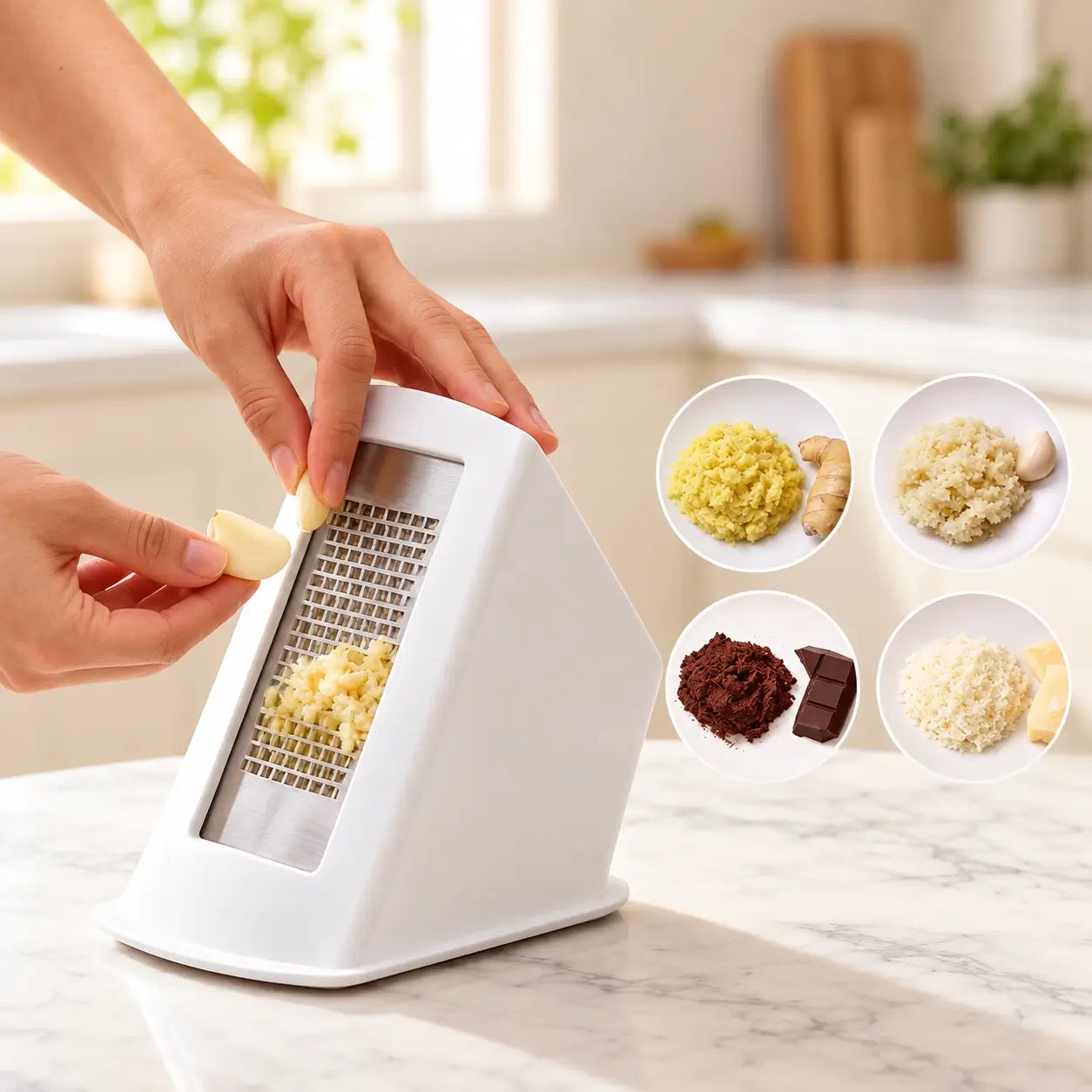 Detachable feed chute grating surface with ginger, garlic, chocolate and cheese