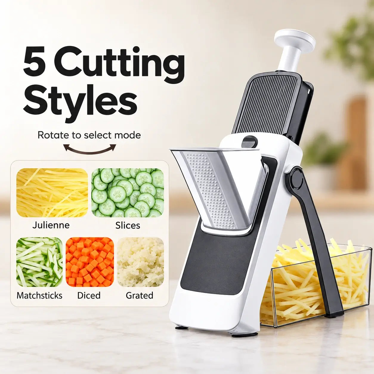 Premium vegetable slicer with examples of slicing, julienne, strips, dicing and grating