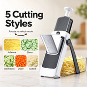 Premium vegetable slicer with examples of slicing, julienne, strips, dicing and grating