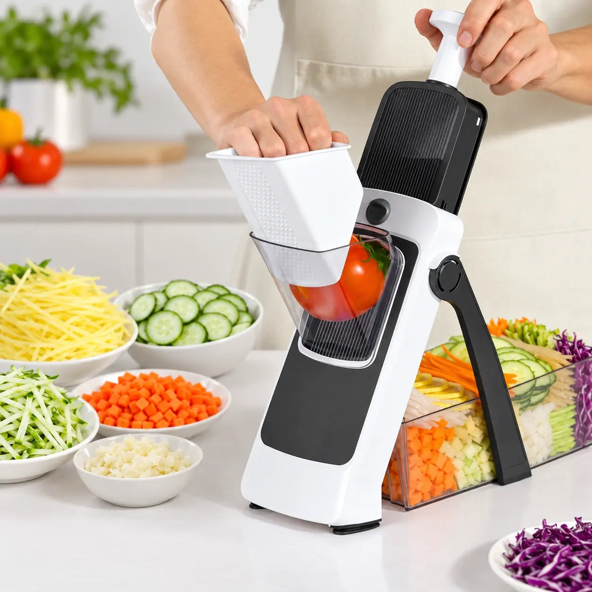 Vegetable slicer in use beside freshly prepared vegetables