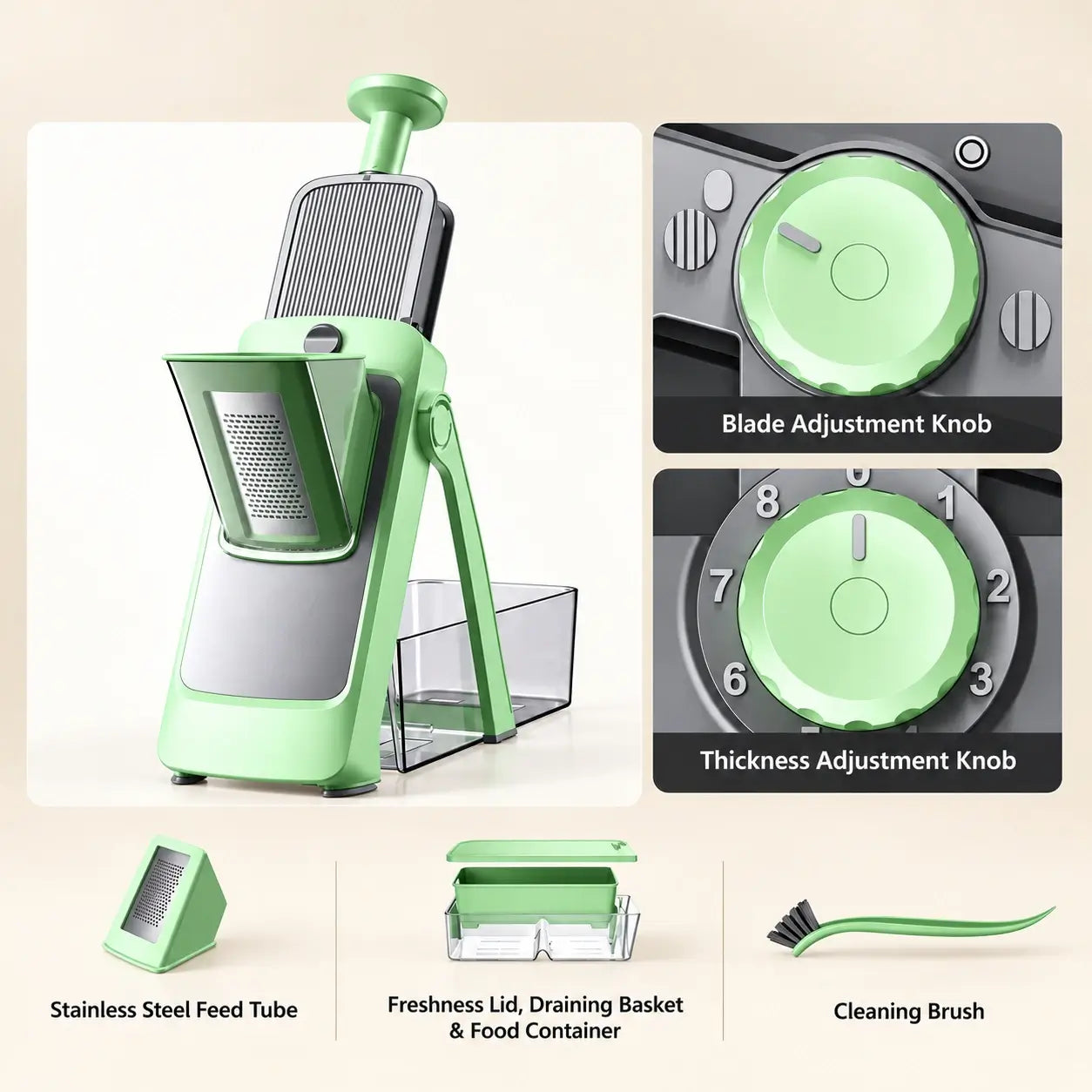 Matcha Green slicer and its included premium accessories