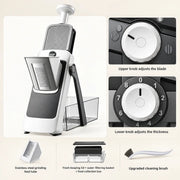 Silver Mist Gray slicer with dials, container, basket, lid and brush