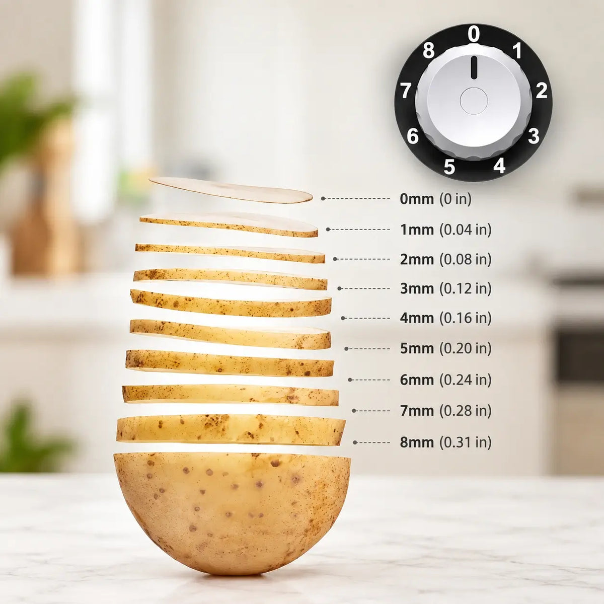 Potato slices showing the adjustable thickness range up to 8 mm