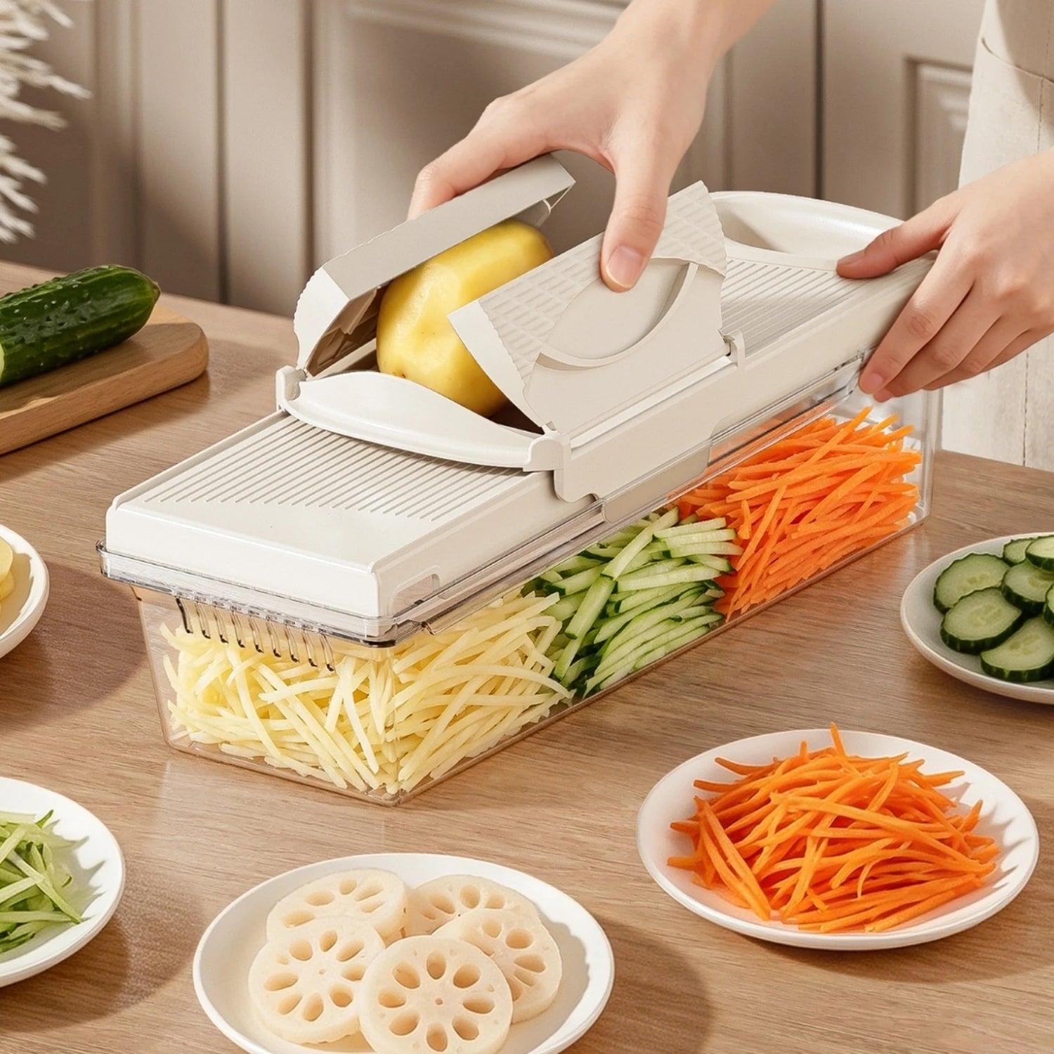 Vegetables being julienned into the clear PrepGlide catch box
