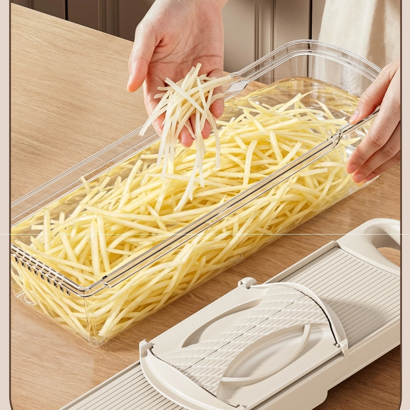 Fine potato julienne collected in the PrepGlide box