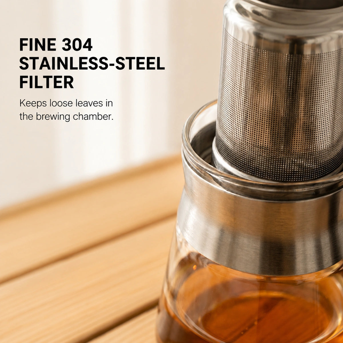 Close view of the removable fine 304 stainless steel tea filter
