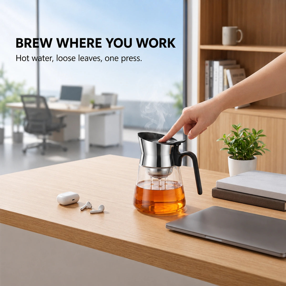 PressBrew glass teapot used at a work desk