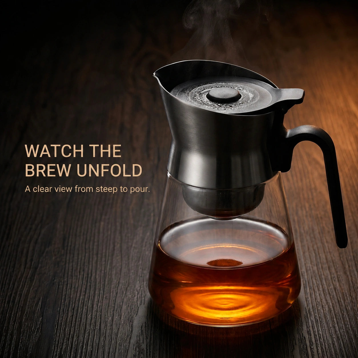 Clear glass carafe showing the color of brewed tea