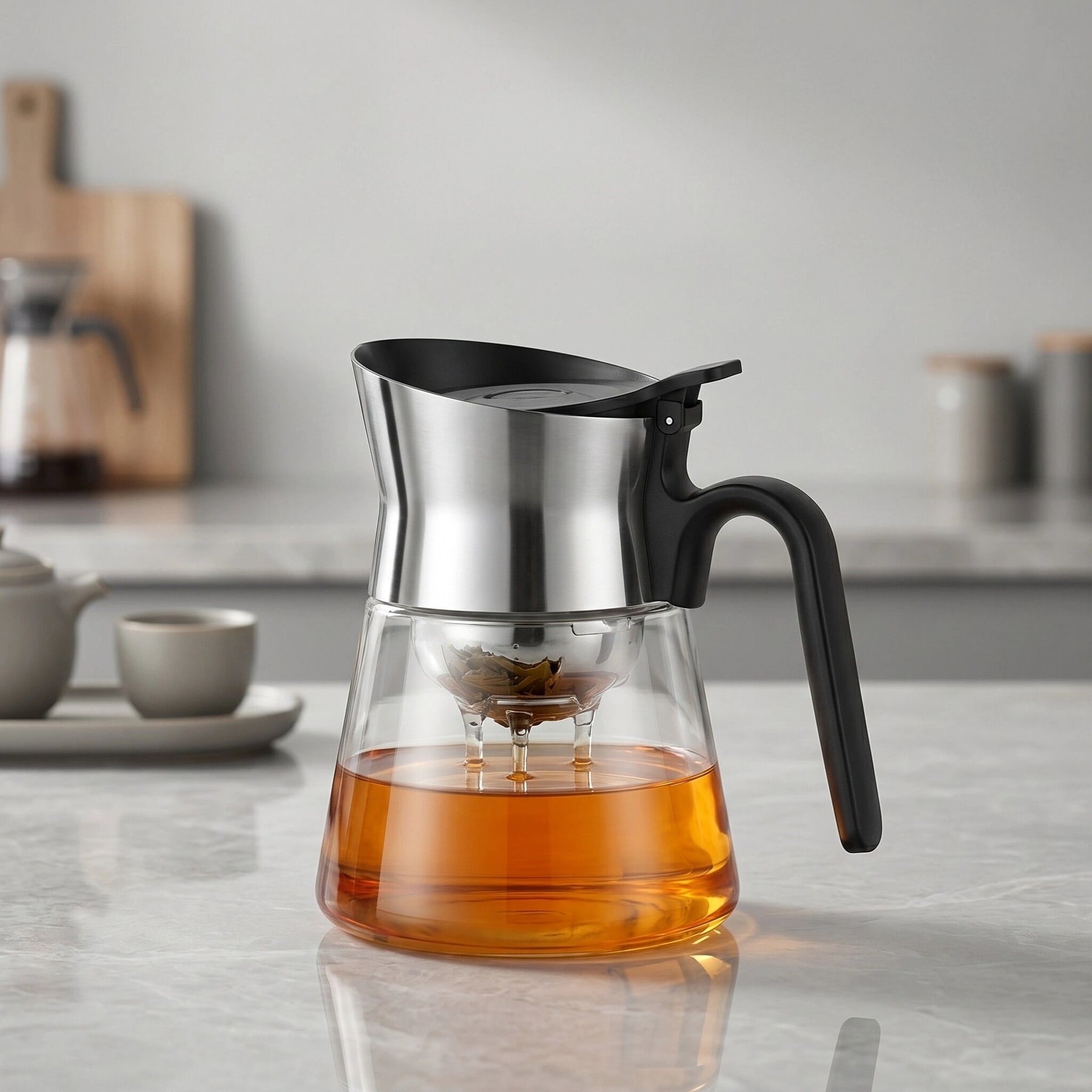 PressBrew glass teapot with brewed tea in a clean kitchen