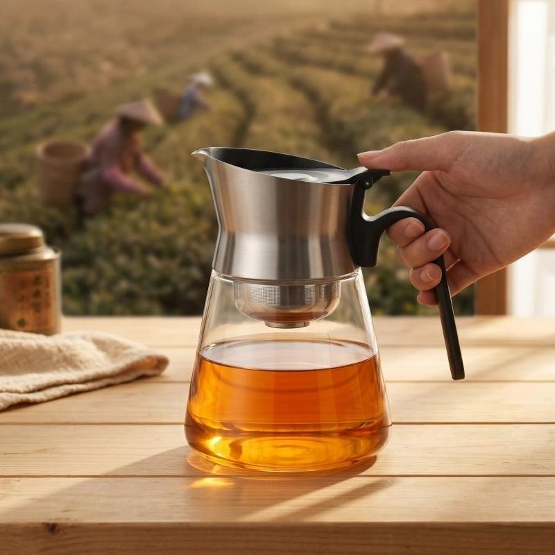 PressBrew glass teapot filled with warm tea