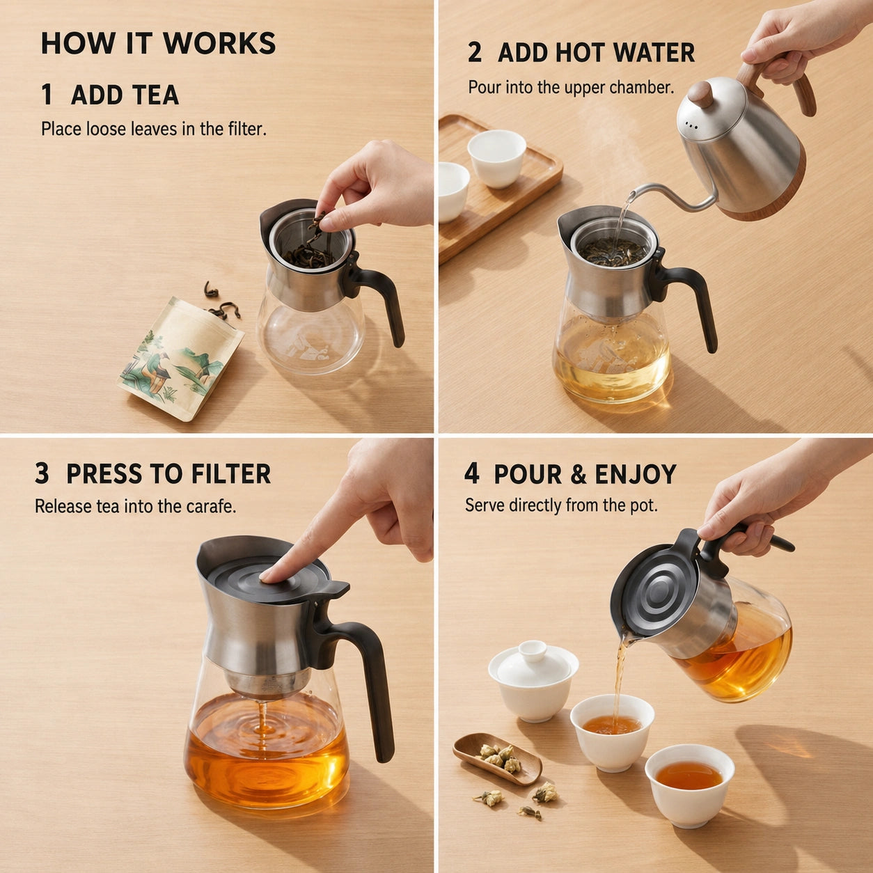 Four steps showing how to add tea add hot water press and pour