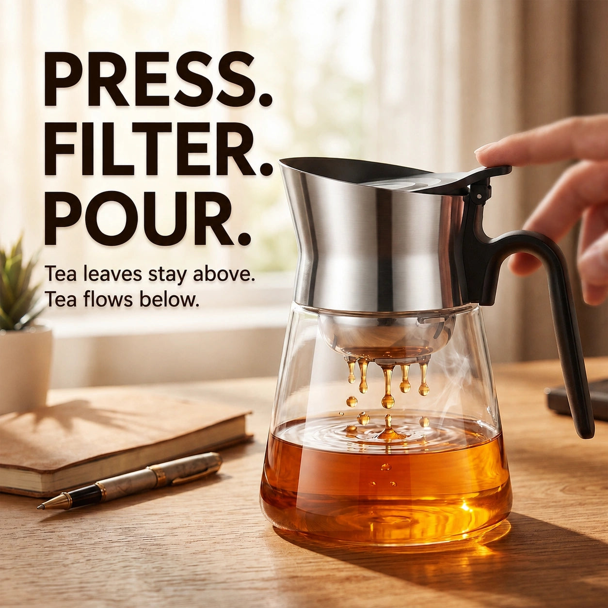 Tea leaves remain in the upper filter while brewed tea flows into the glass carafe below