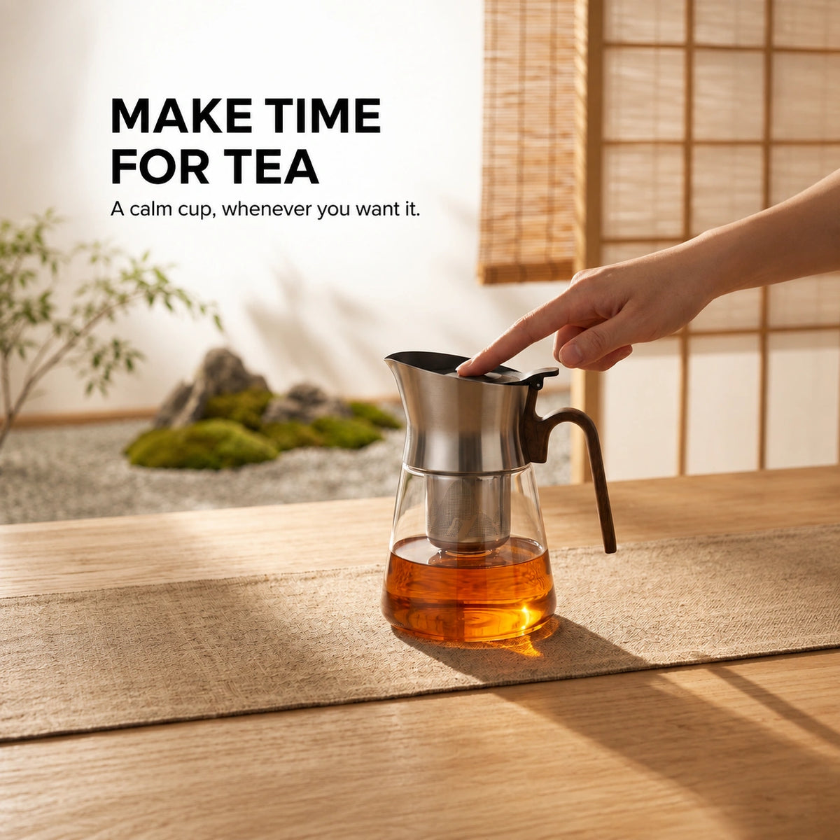 PressBrew glass teapot in a calm tea ritual setting